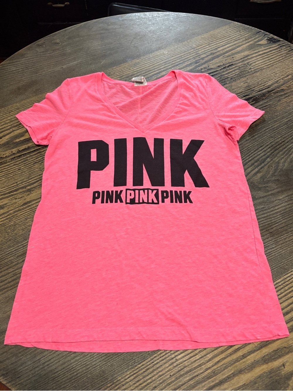 PINK Victoria's Secret Women's V-Neck Graphic Tee - Bright Pink with Black Logo